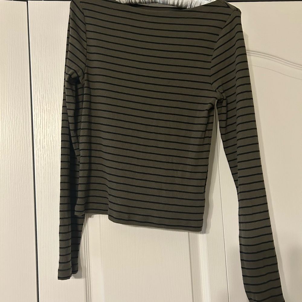 GAP Olive and Black Striped Long Sleeve Tee